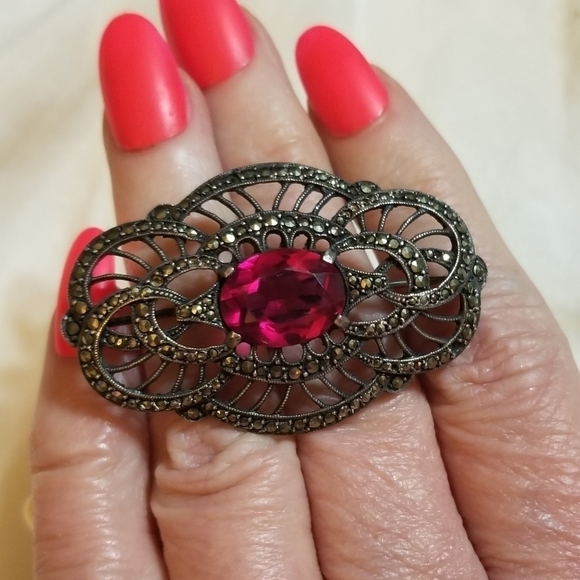 Art Deco 1930s Synthetic Ruby Marcasite Brooch Sterling Silver - Picture 5 of 5